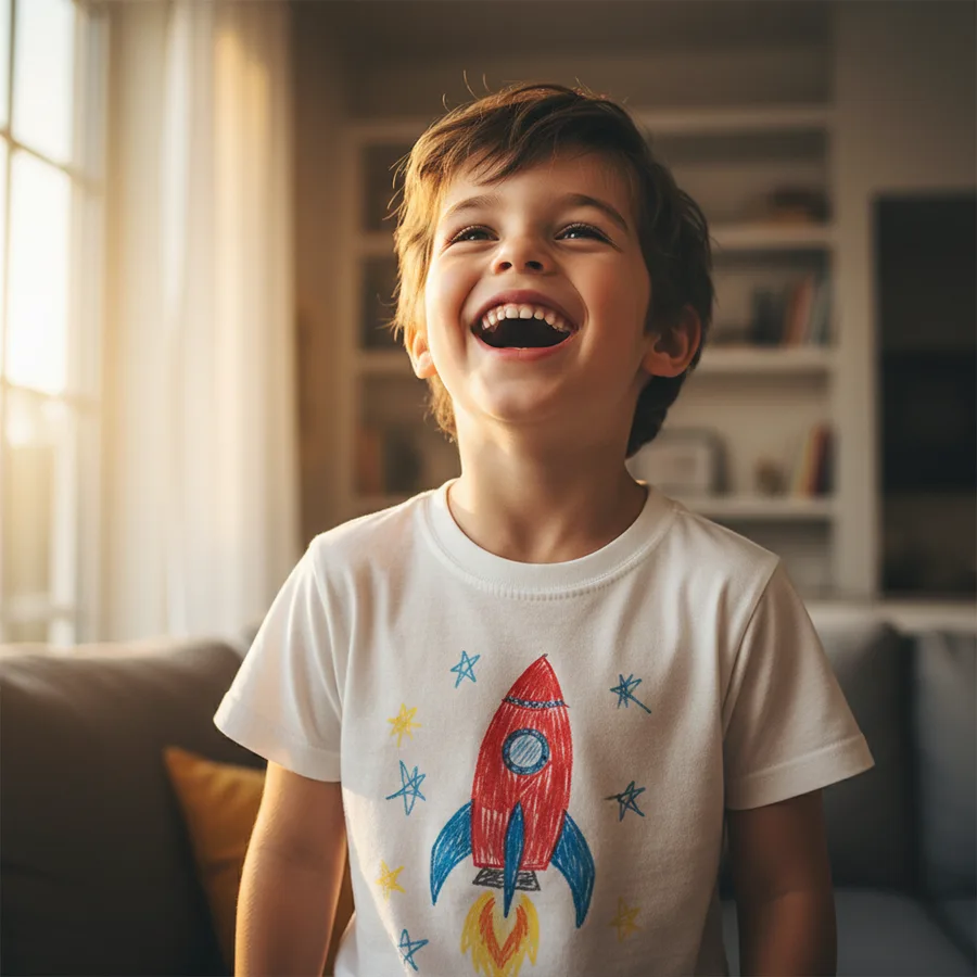 A young boy laughing while wearing a white t-shirt printed with his own rocket ship drawing